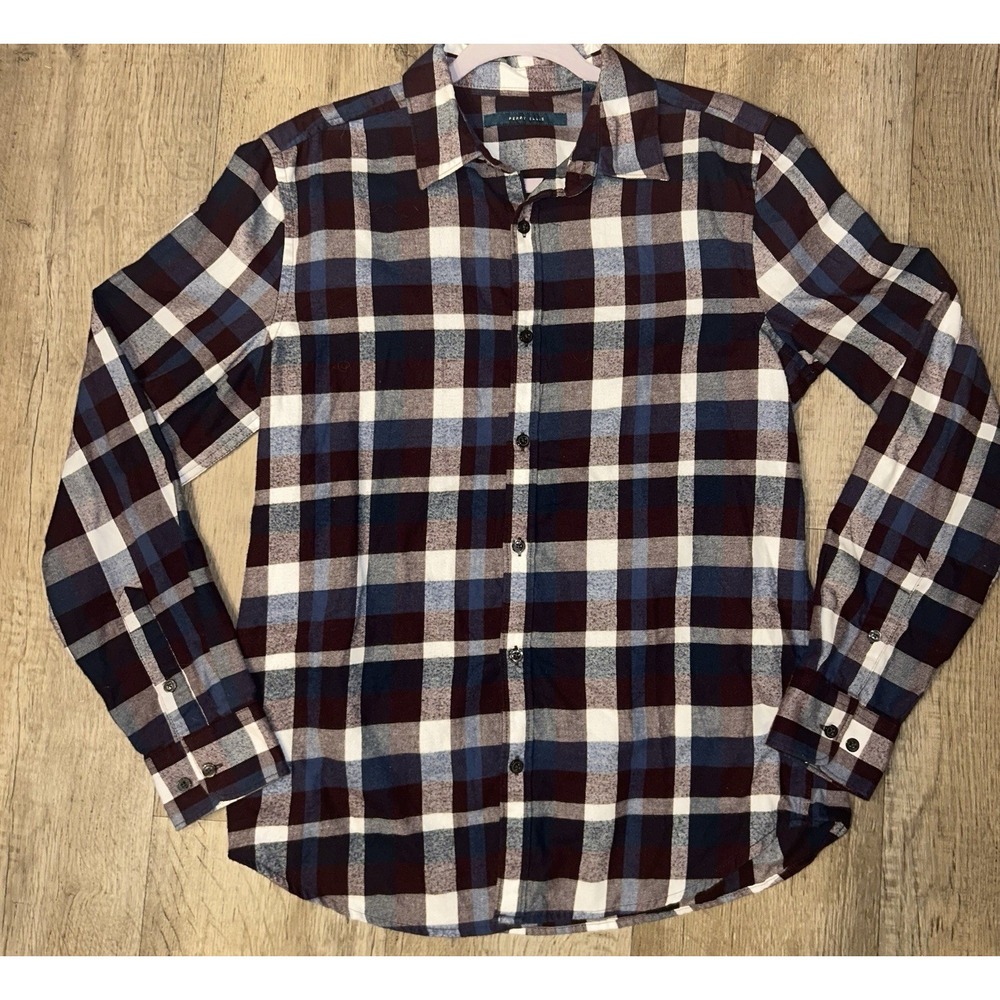 Perry Ellis Cotton Flannel Slim Fit Men's Long Sleeve Plaid Button-Up L Blue